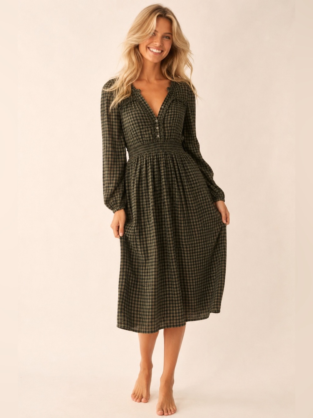 New In Cottagecore Plaid Midi Dress French Country Prairie Romantic L Quiet Luxe